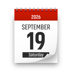 Date 19 September 2026 year realistic calendar day page design. September 19 transparent png