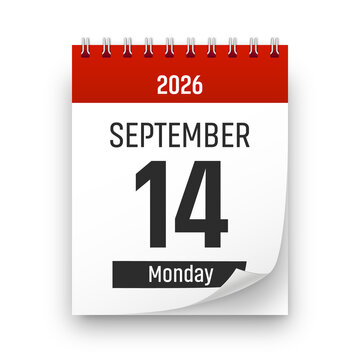Date 14 September 2026 year realistic calendar day page design. September 14 transparent png