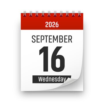 Date 16 September 2026 year realistic calendar day page design. September 16 transparent png