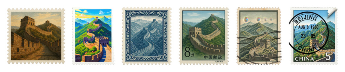 Obraz premium Great Wall of China postage stamp set including various artistic styles and colors isolated. Philatelic travel collection.