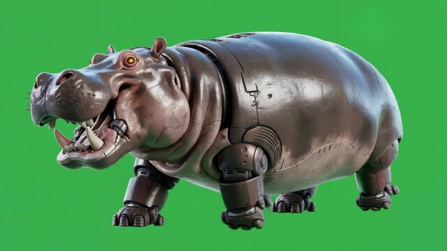 Robotic hippopotamus walking forward, futuristic metal hippo with mechanical legs, sci-fi cyber animal motion on green screen, techno beast animated movement
