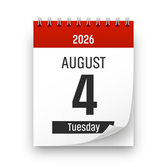 Date 4 August 2026 year realistic calendar day page design. August 4 transparent png
