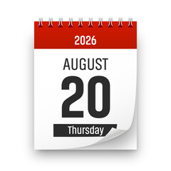 Date 20 August 2026 year realistic calendar day page design. August 20 transparent png