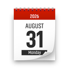 Date 31 August 2026 year realistic calendar day page design. August 31 transparent png