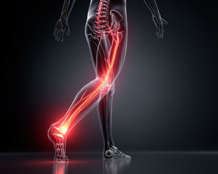 A detailed illustration of a human leg, showcasing the anatomy and highlighting muscle and skeletal structures in vivid colors.