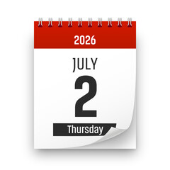 Date 2 July 2026 year realistic calendar day page design. July 2 transparent png