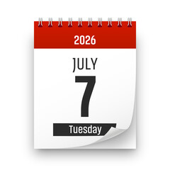 Date 7 July 2026 year realistic calendar day page design. July 7 transparent png