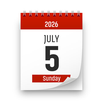 Date 5 July 2026 year realistic calendar day page design. July 5 transparent png