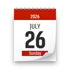 Date 26 July 2026 year realistic calendar day page design. July 26 transparent png