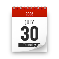 Date 30 July 2026 year realistic calendar day page design. July 30 transparent png