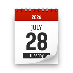 Date 28 July 2026 year realistic calendar day page design. July 28 transparent png