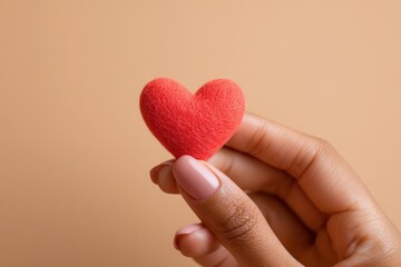 Fototapeta premium A small, vibrant red heart shape, delicately held in a hand against a muted beige backdrop.