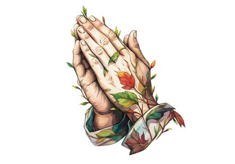 Illustration of Hands in Prayer Position Adorned with Autumn Leaves on Transparent Background