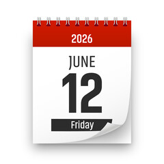 Date 12 June 2026 year realistic calendar day page design. June 12 transparent png