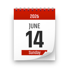 Date 14 June 2026 year realistic calendar day page design. June 14 transparent png