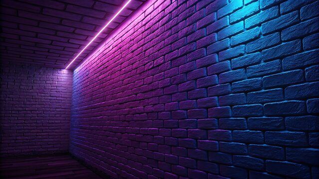 Dark brick alley illuminated by vibrant pink and blue neon lights