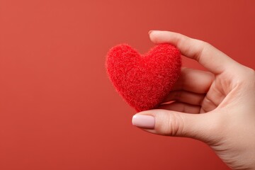 Obraz premium A hand holds a small, fluffy red heart against a vibrant red background.