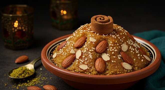 Traditional Moroccan Sellou dessert with almonds and cinnamon, a festive sweet delicacy for celebrations