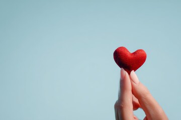 Fototapeta premium A small, vibrant red heart is delicately held by a hand against a light, pastel blue background.