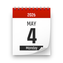 Date 4 May 2026 year realistic calendar day page design. May 4 transparent png