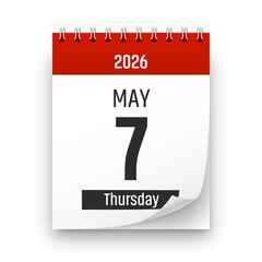 Date 7 May 2026 year realistic calendar day page design. May 7 transparent png