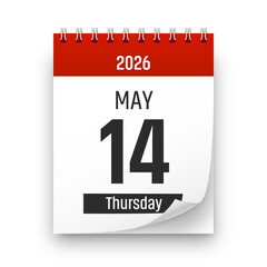 Date 14 May 2026 year realistic calendar day page design. May 14 transparent png