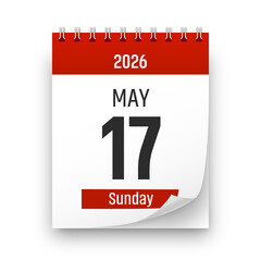 Date 17 May 2026 year realistic calendar day page design. May 17 transparent png