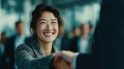 Smiling businesswoman shaking hands in modern office, showcasing collaboration and professionalism in a corporate environment with blurred background - Powered by Adobe