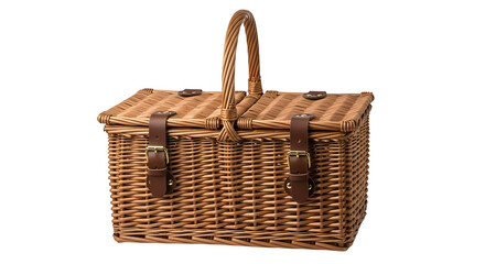 Wicker basket shines on black, showcasing detailed weave and leather straps, perfect for product photography, picnic themes, and rustic branding.