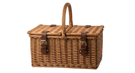 Wicker basket shines on black, showcasing detailed weave and leather straps, perfect for product photography, picnic themes, and rustic branding.