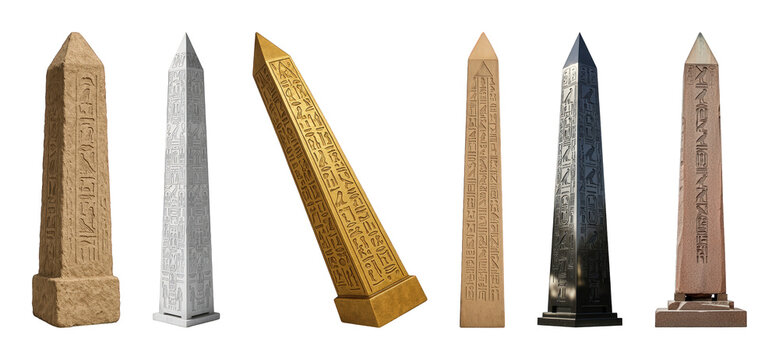 Ancient obelisk set including sandstone, granite, metallic, and gold variations isolated. Historical monuments and architecture.
