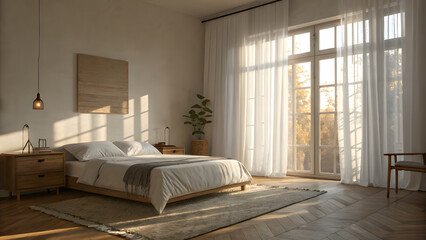 Bright Bedroom with Large Windows and Wooden Floor