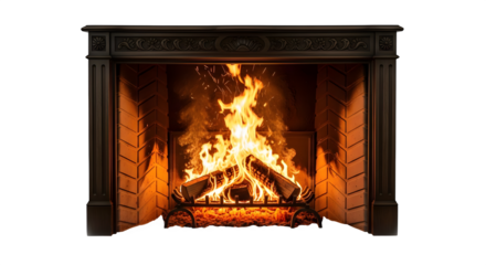 Bronze fireplace crackles with orange flames and flying sparks, creating a cozy indoor scene suitable for seasonal backgrounds, or holiday themes.