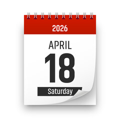 Date 18 April 2026 year realistic calendar day page design. April 18 transparent png