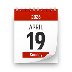 Date 19 April 2026 year realistic calendar day page design. April 19 transparent png