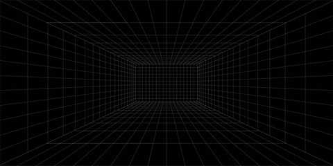 Naklejka premium Futuristic perspective grid box. Abstract wireframe with white grid line on black background. Virtual reality landscape in 80s 90s digital style. Vector