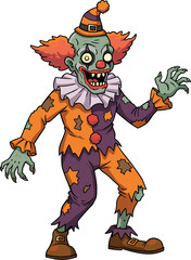 Terrifying zombie clown with torn costume, creepy undead circus performer, Halloween horror character, scary cartoon clown illustration for design projects