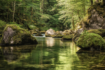 
Tranquil river flowing through forest with rocks and moss, clear water reflecting surrounding greenery.
