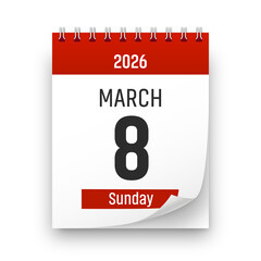 Date 8 March 2026 year realistic calendar day page design. March 8 transparent png