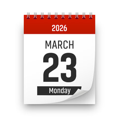 Date 23 March 2026 year realistic calendar day page design. March 23 transparent png