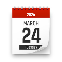 Date 24 March 2026 year realistic calendar day page design. March 24 transparent png