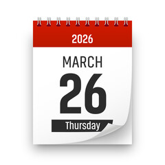 Date 26 March 2026 year realistic calendar day page design. March 26 transparent png