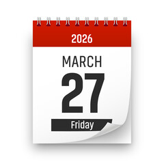 Date 27 March 2026 year realistic calendar day page design. March 27 transparent png
