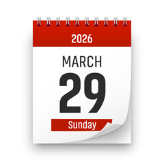 Date 29 March 2026 year realistic calendar day page design. March 29 transparent png
