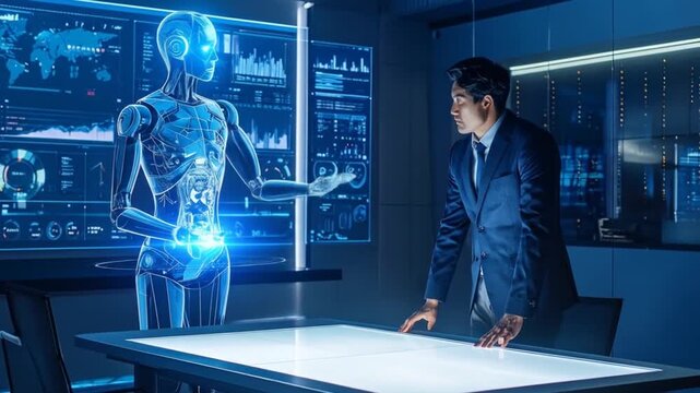 Futuristic Collaboration: Businessman Interacting with Advanced Holographic AI in Modern Office