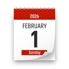 Date 1 February 2026 year realistic calendar day page design. February 1 transparent png
