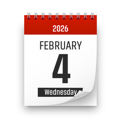 Date 4 February 2026 year realistic calendar day page design. February 4 transparent png