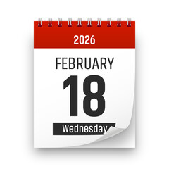 Date 18 February 2026 year realistic calendar day page design. February 18 transparent png
