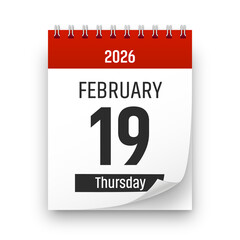 Date 19 February 2026 year realistic calendar day page design. February 19 transparent png
