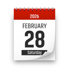 Date 28 February 2026 year realistic calendar day page design. February 28 transparent png